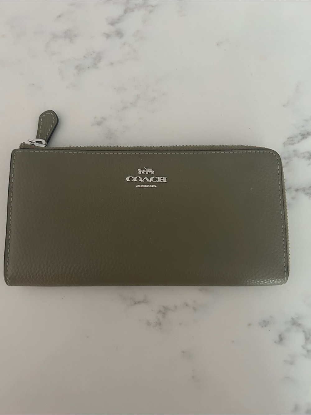Coach Olive Green Zip-Around Leather Wallet with Silver Logo
